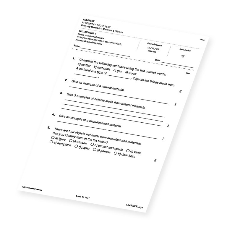 L1 Science Recap test material for Materials & Objects