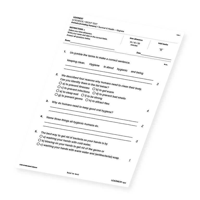 L1 Science Recap test material for Survival & Health – Hygiene