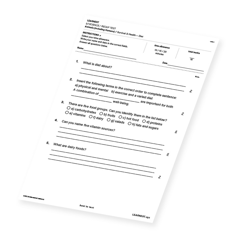 L1 Science Recap test material for Survival & Health – Diet