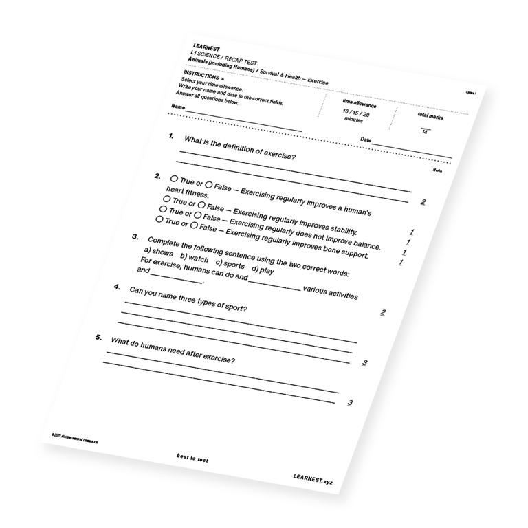 L1 Science Recap test material for Survival & Health – Exercise