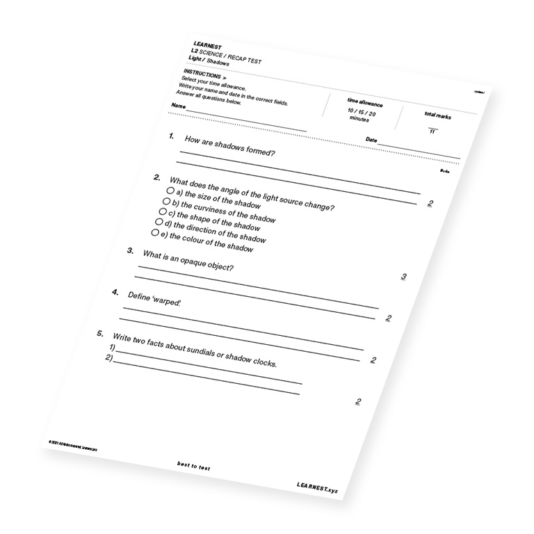 L2 Science Recap Test Shadows