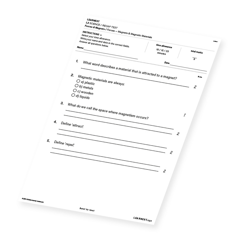 L2 Science Recap Test Forces – Magnets & Magnetic Materials