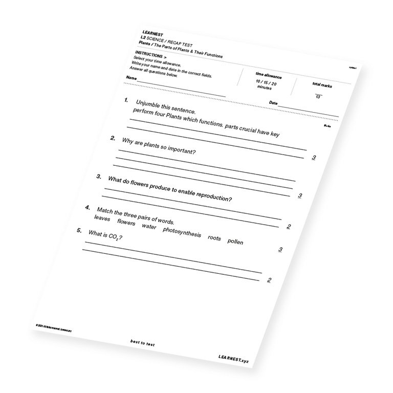 L2 Science Recap Test The Parts of Plants & Their functions