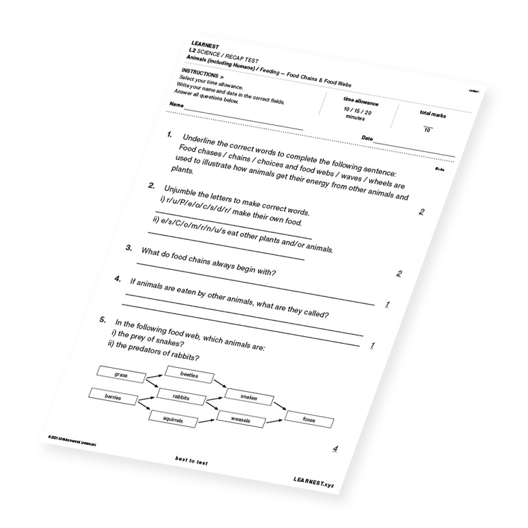 L2 Science Recap Test Feeding – Food Chains & Food Webs