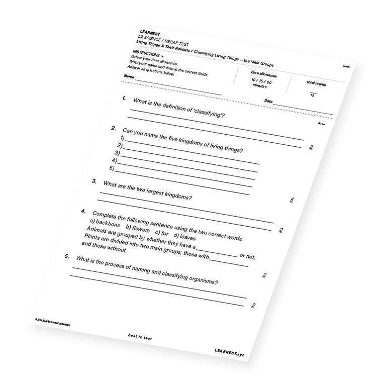 L2 Science Recap Test Classifying Living Things – The Main Groups