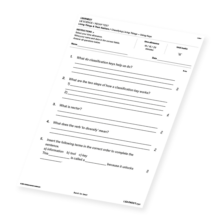 L2 Science Recap Test Classifying Living Things – Using Keys