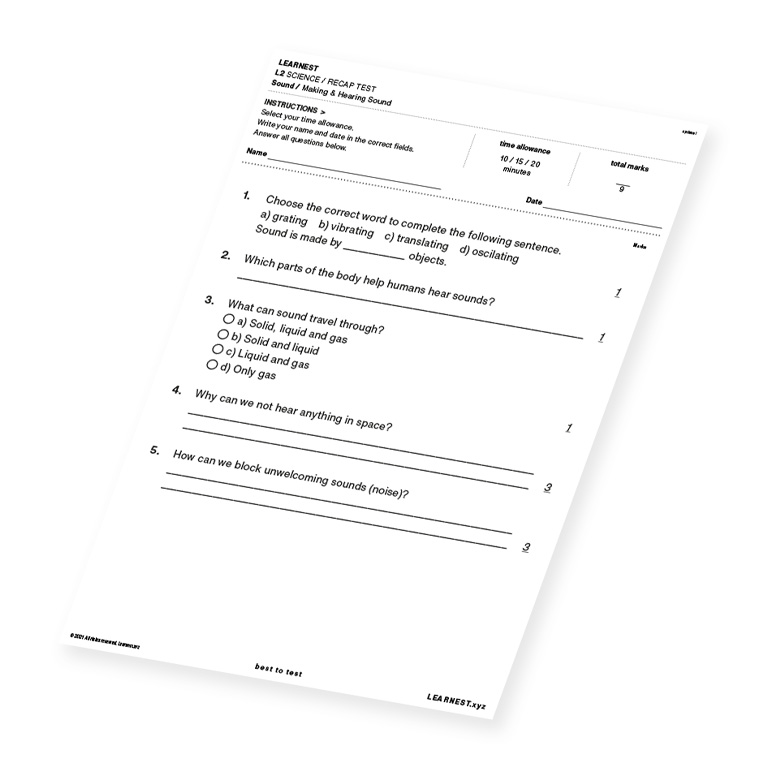 L2 Science Recap Test Making & Hearing Sound