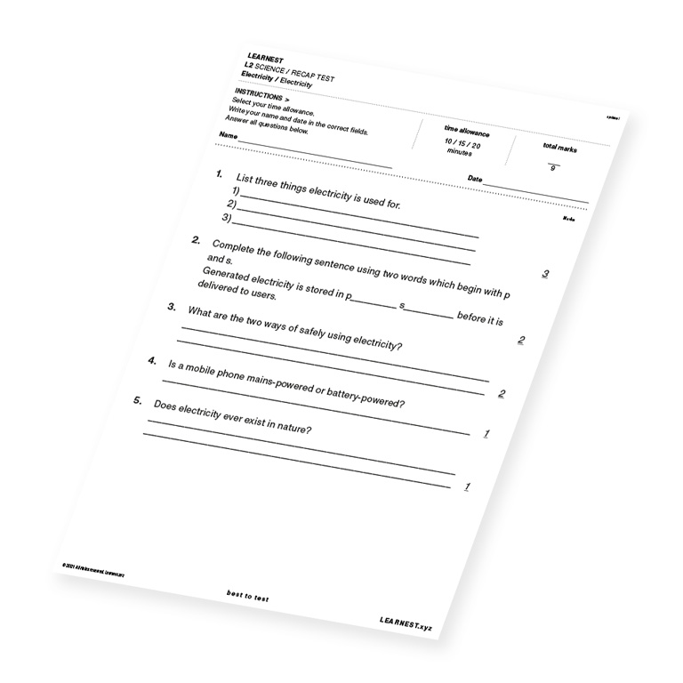 L2 Science Recap Test Electricity