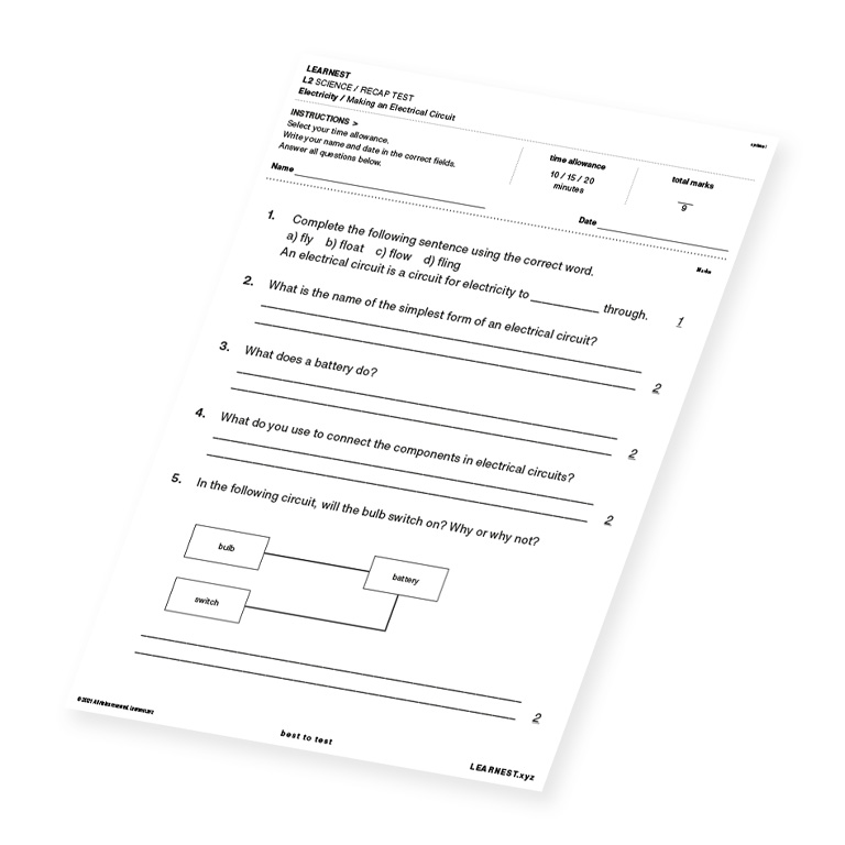 L2 Science Recap Test Making an Electrical Circuit