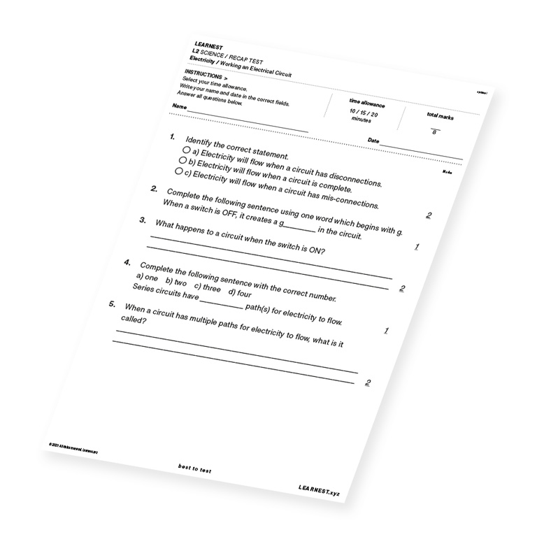 L2 Science Recap Test Working an Electrical Circuit