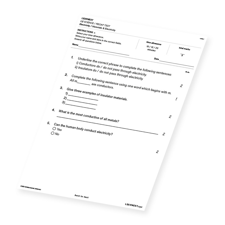 L2 Science Recap Test Materials & Electricity