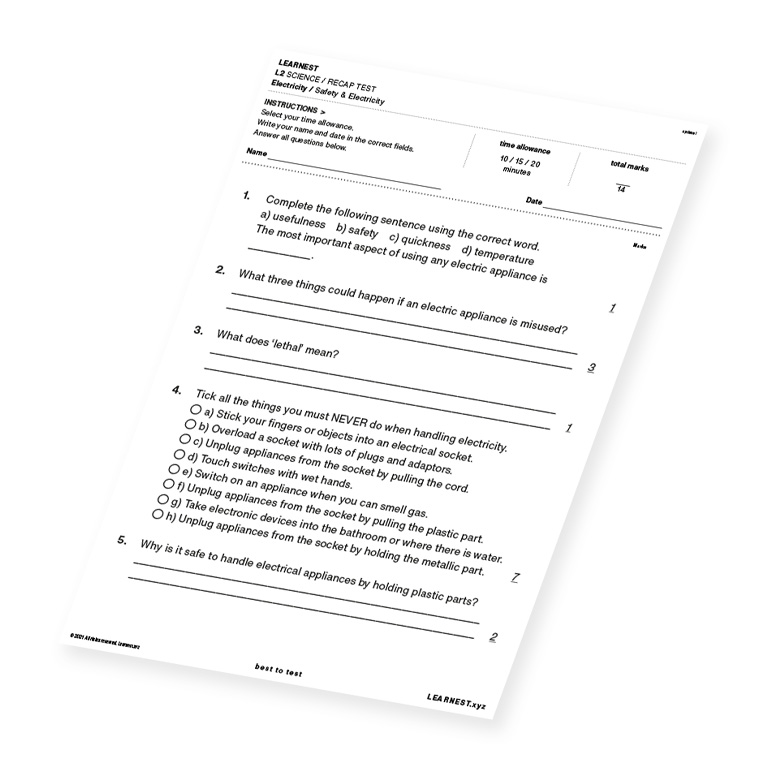 L2 Science Recap Test Safety & Electricity