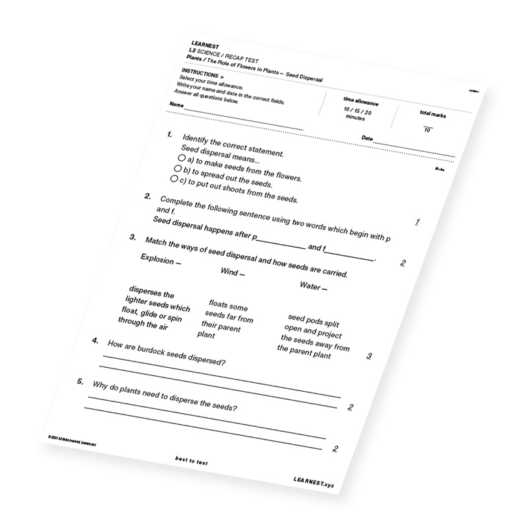 L2 Science Recap Test The Roles of Flowers in Plants – Seed Dispersal