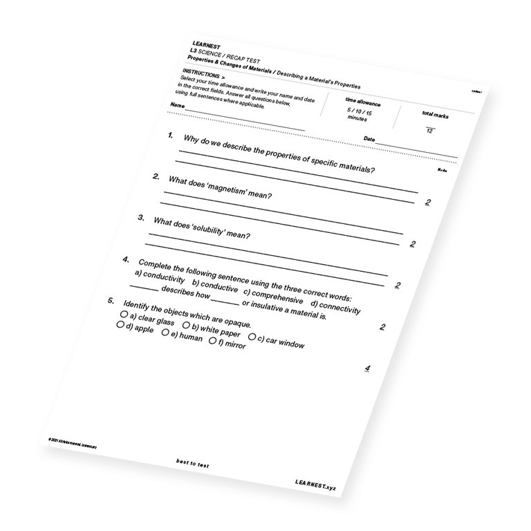 L3 Science Recap Test – Describing a Material's Properties