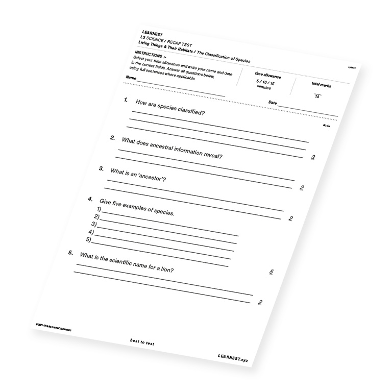 L3 Science Recap Test – The Classifications of Species