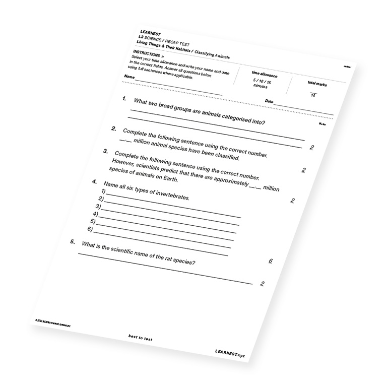 L3 Science Recap Test – Classifying Animals