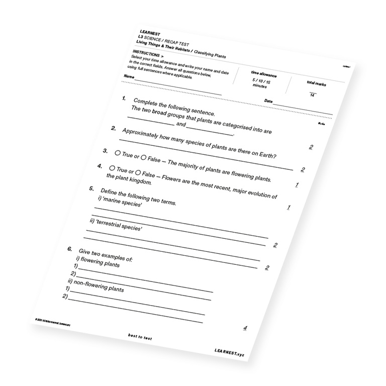 L3 Science Recap Test – Classifying Plants