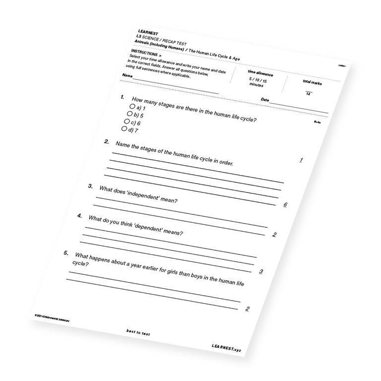 L3 Science Recap Test – The Human Life Cycle & Age