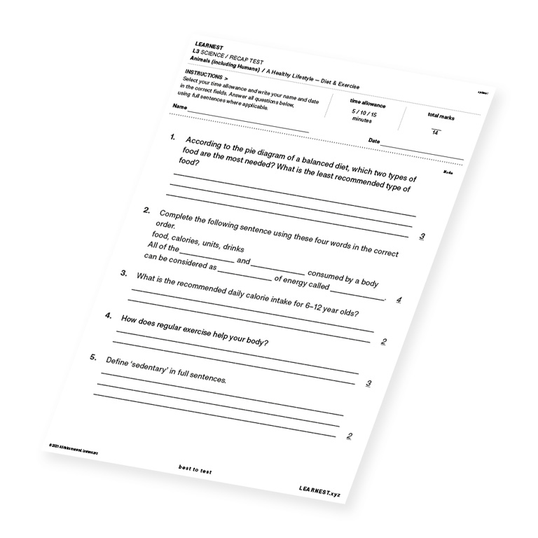 L3 Science Recap Test – A Healthy LifeStyle – Diet & Exercise