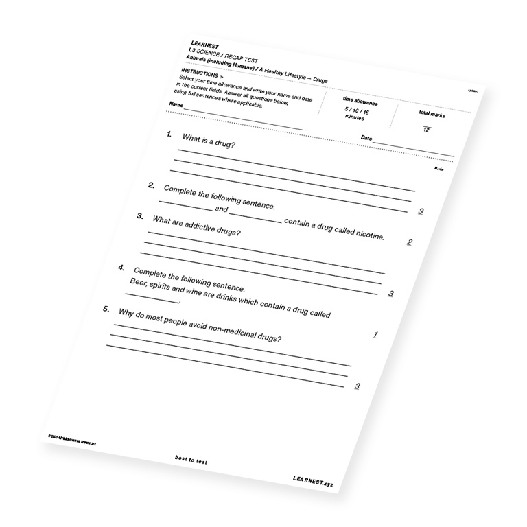 L3 Science Recap Test – A Healthy LifeStyle – Drugs