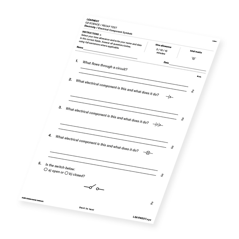 L3 Science Recap Test – Electrical Component Symbols