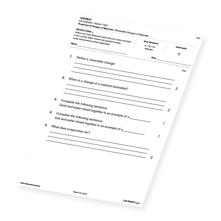 L3 Science Recap Test – Reversible Changes of Materials