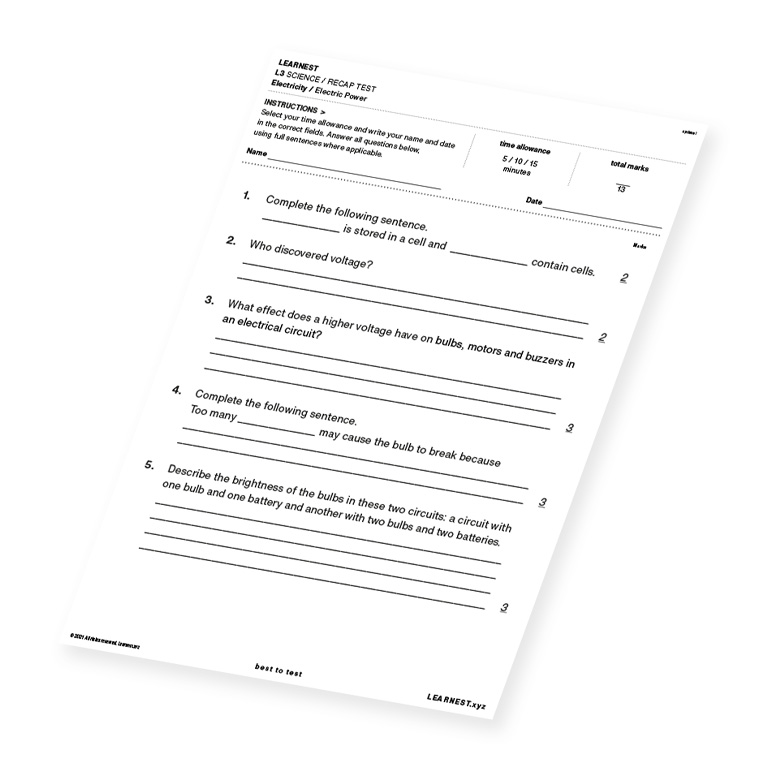 L3 Science Recap Test – Electric Power