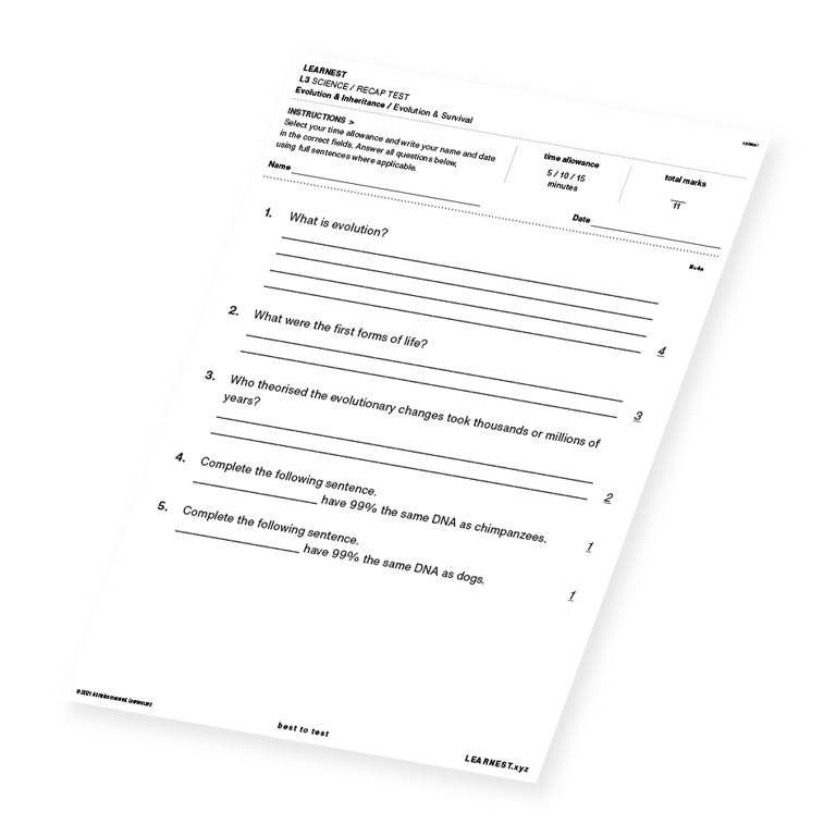 L3 Science Recap Test – Evolution & Survival