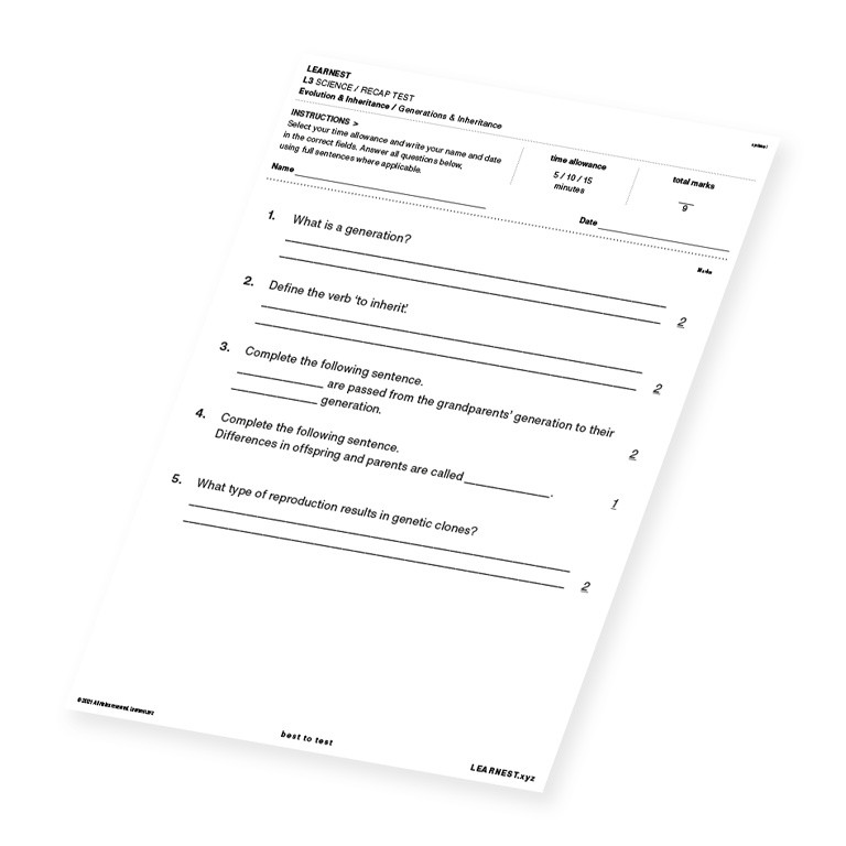 L3 Science Recap Test – Generations & Inheritance