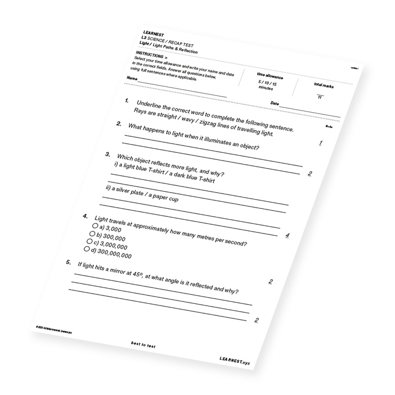 L3 Science Recap Test – Light Paths & Reflection
