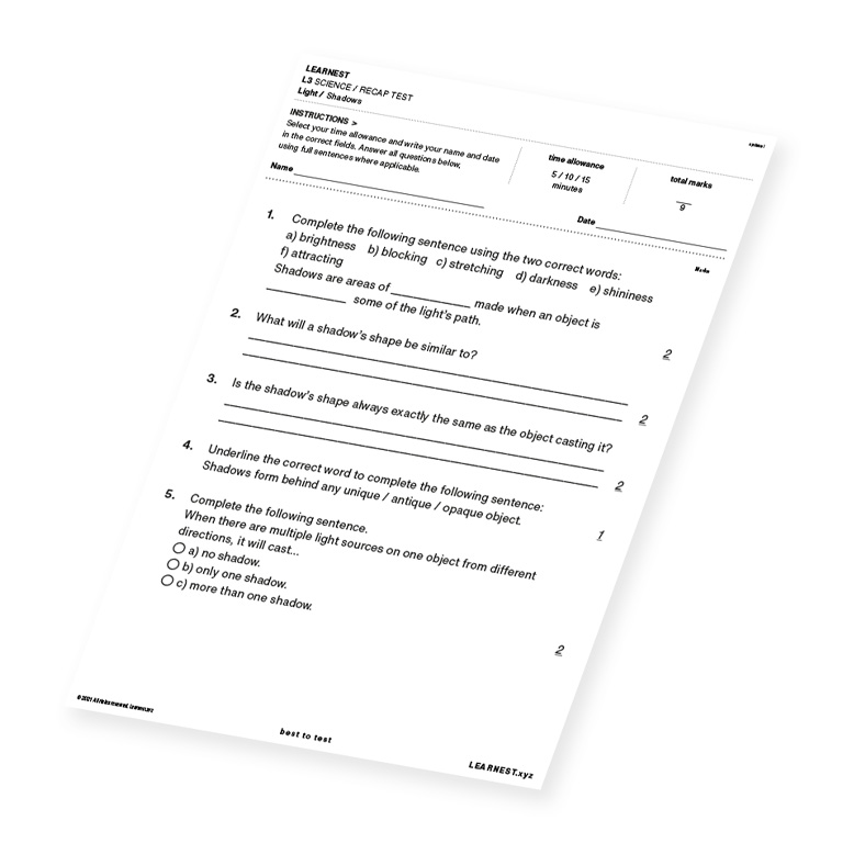 L3 Science Recap Test – Shadows