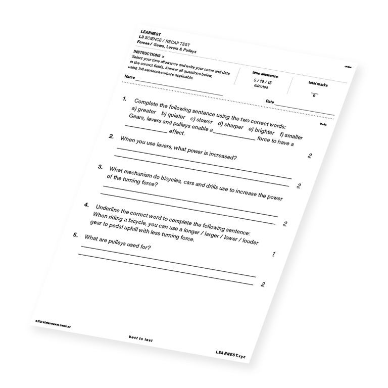 L3 Science Recap Test – Gears, Levers and Pulleys
